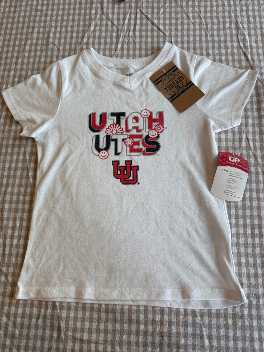 Rivalry Threads White Kids V-Neck Tee with Red & Black Utah Utes Graphic